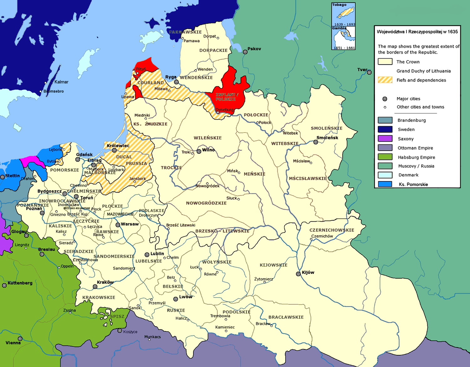 Mapa I Rzeczypospolitej z roku 1635, z zaznaczonymi na czerwono Inflantami Polskimi