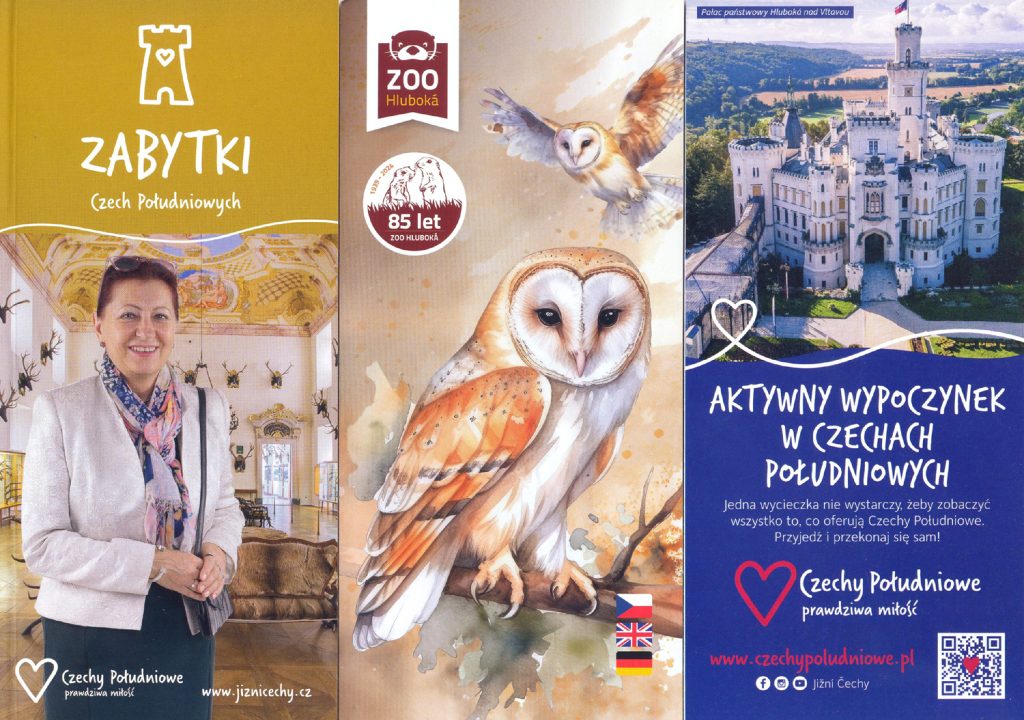 Czechy Południowe. Okładki folderów informacyjnych: Zabytki Czech Południowych, ZOO Hluboka, Aktywny wypoczynek w Czechach Południowych